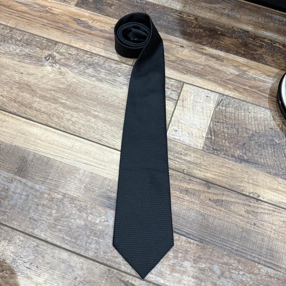 Ashford & Brooks London Mens Black Pleated Silk Necktie Handmade Ribbed Tie